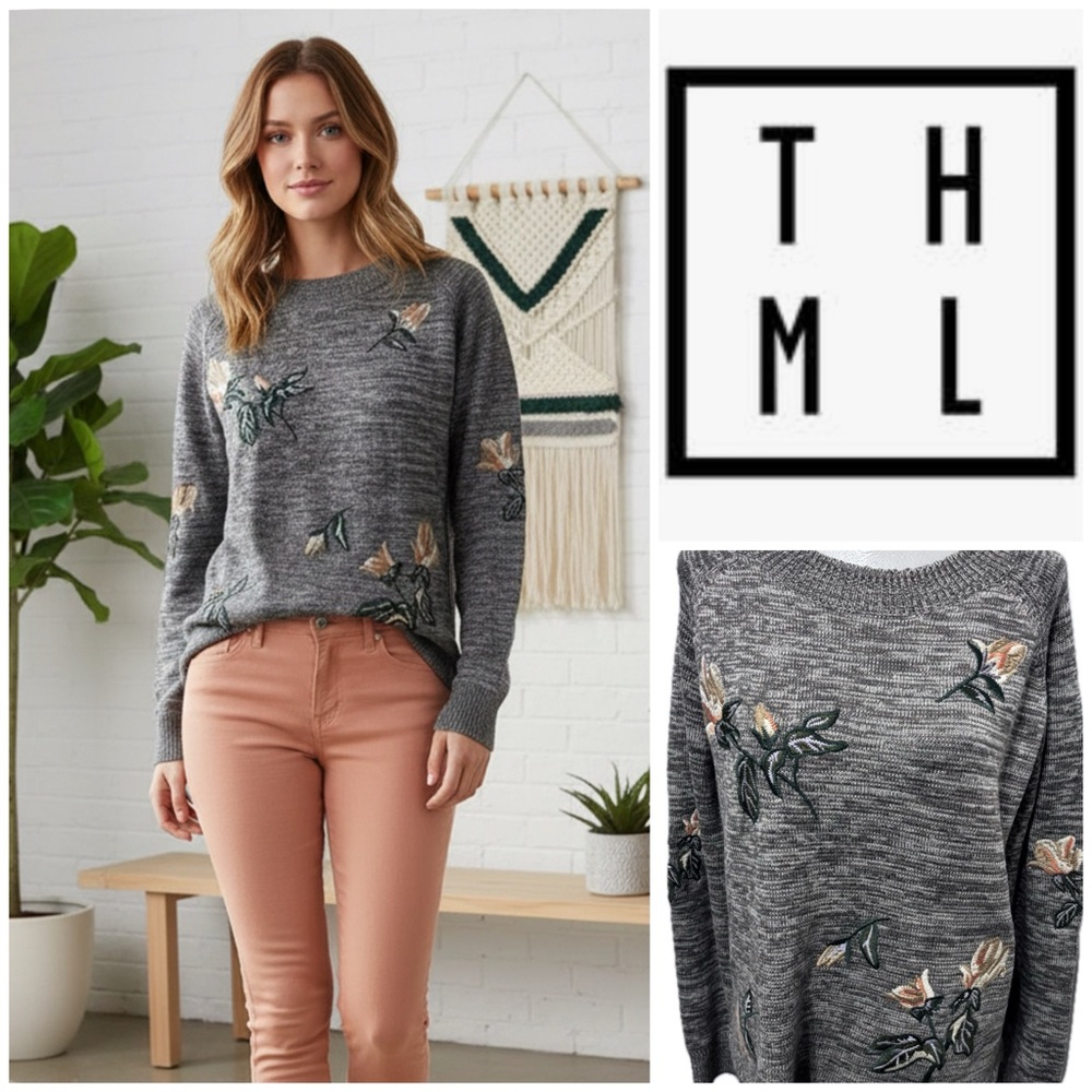 THML Gray Marled Crewneck Sweater with Peach Floral Embroidery